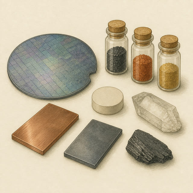 Vintage scientific illustration of a silicon wafer, metal coupons, ceramic, graphite, crystal, and material sample vials