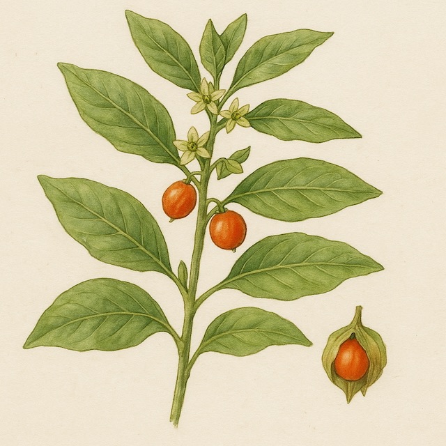 Botanical illustration of an ashwagandha plant with orange fruit