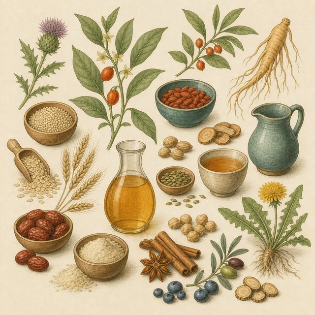 Vintage illustration of grains, seeds, fruit, spices, plant ingredients, and plain beverage vessels