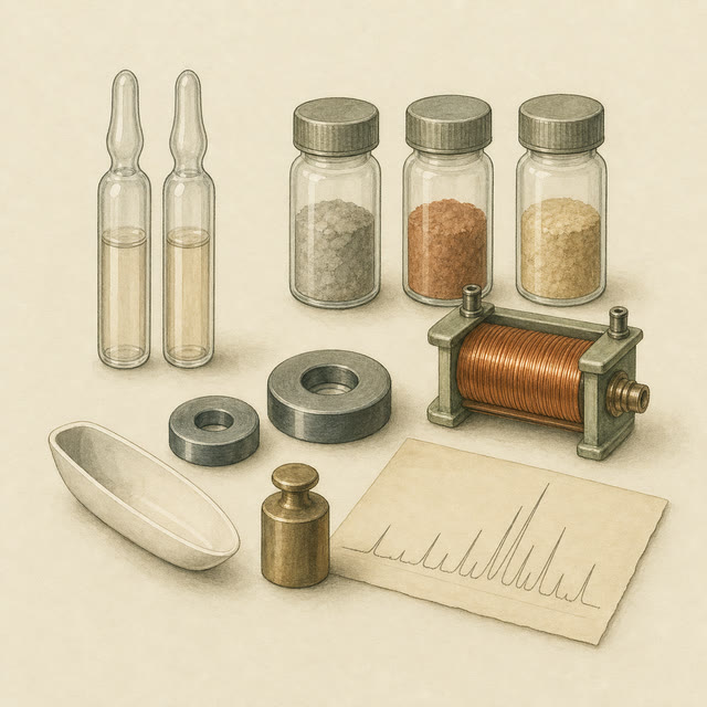 Vintage laboratory illustration of reference ampoules, sample vials, a copper coil, metal apertures, and a measured peak trace