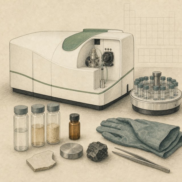 Hand-drawn laboratory illustration of an ICP-MS instrument, prepared samples, and an analytical notebook