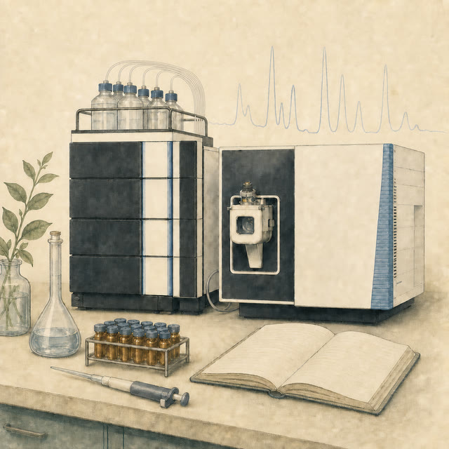Hand-drawn laboratory illustration of a liquid chromatograph and mass spectrometer with vials, glassware, and a notebook