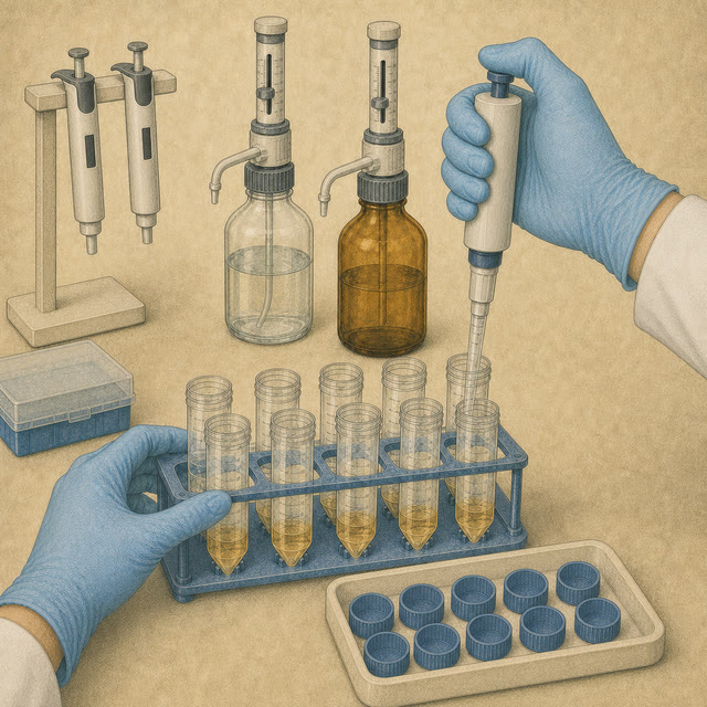 Hand-drawn laboratory illustration of gloved hands transferring liquid into conical tubes with pipettes and bottle-top dispensers